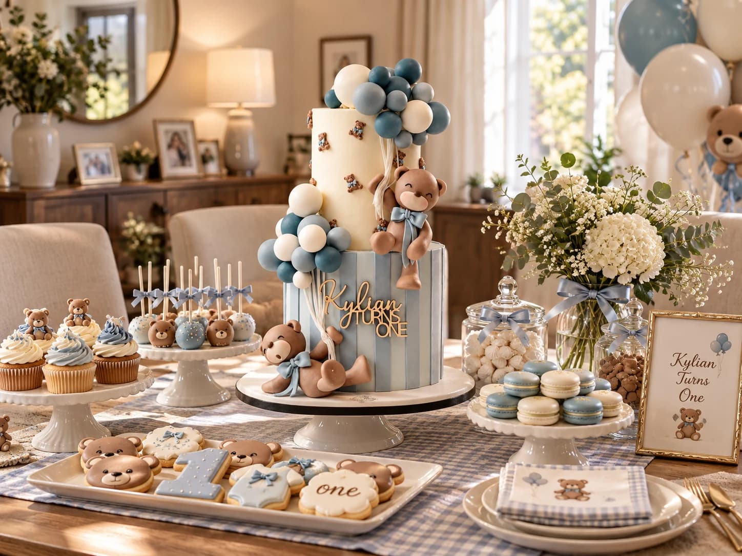 Torta de osito con globos azules y mesa de dulces