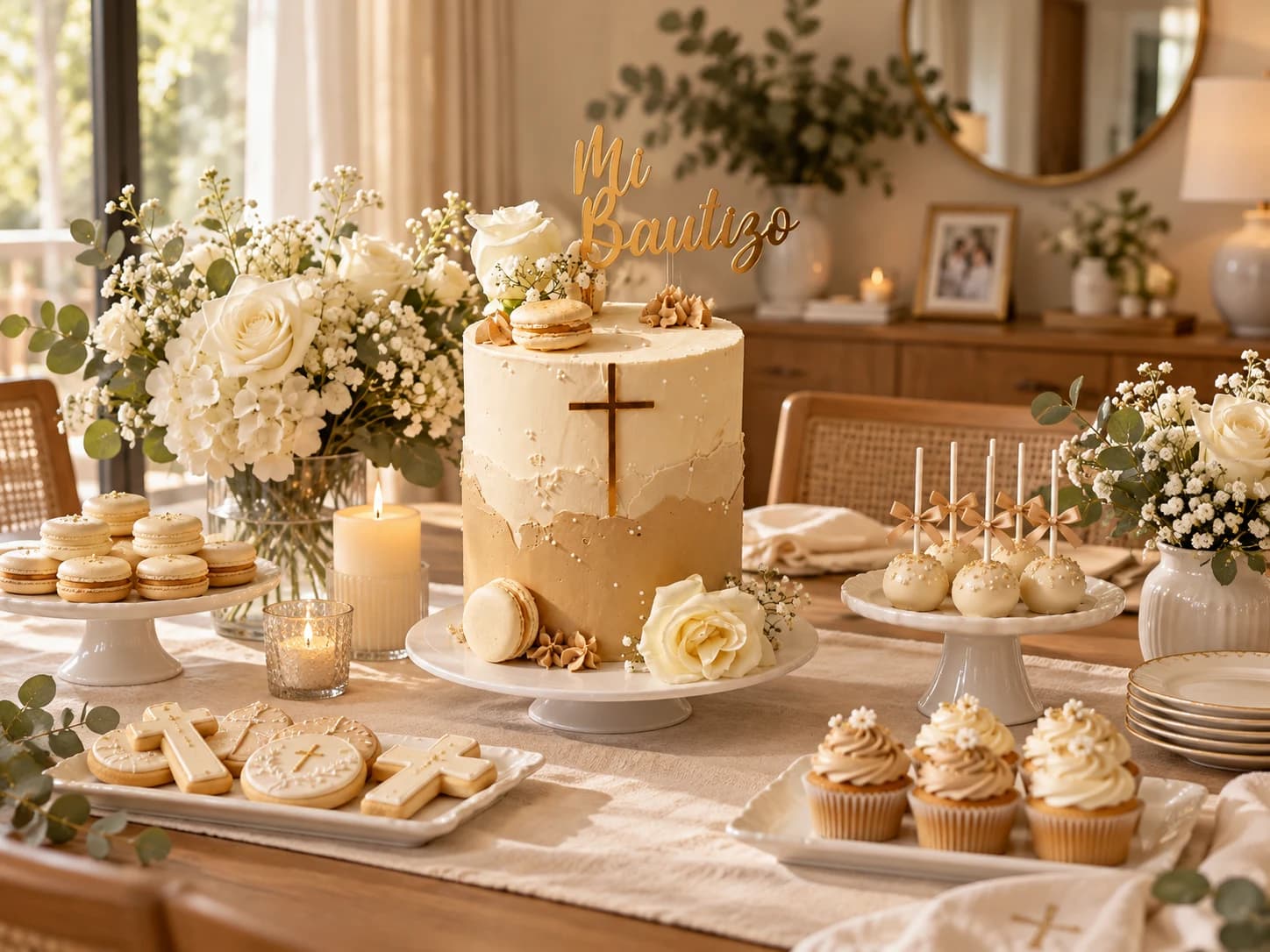 Torta blanca y dorada para un baby shower