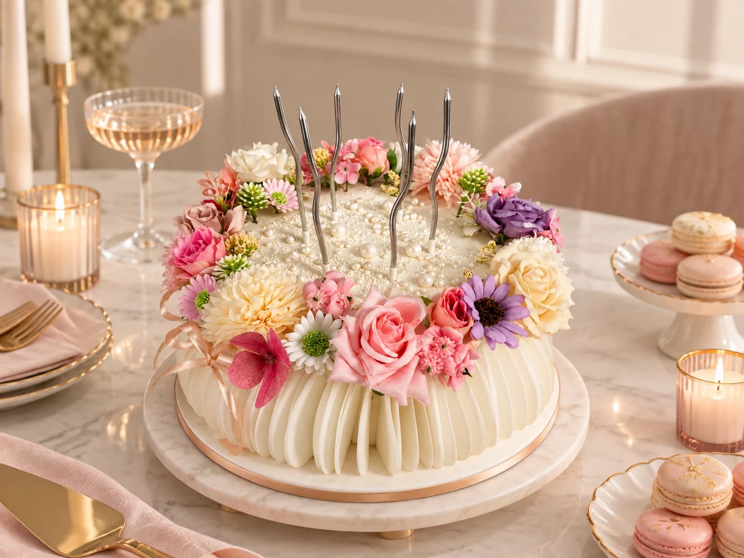 Torta de celebración con flores rosadas